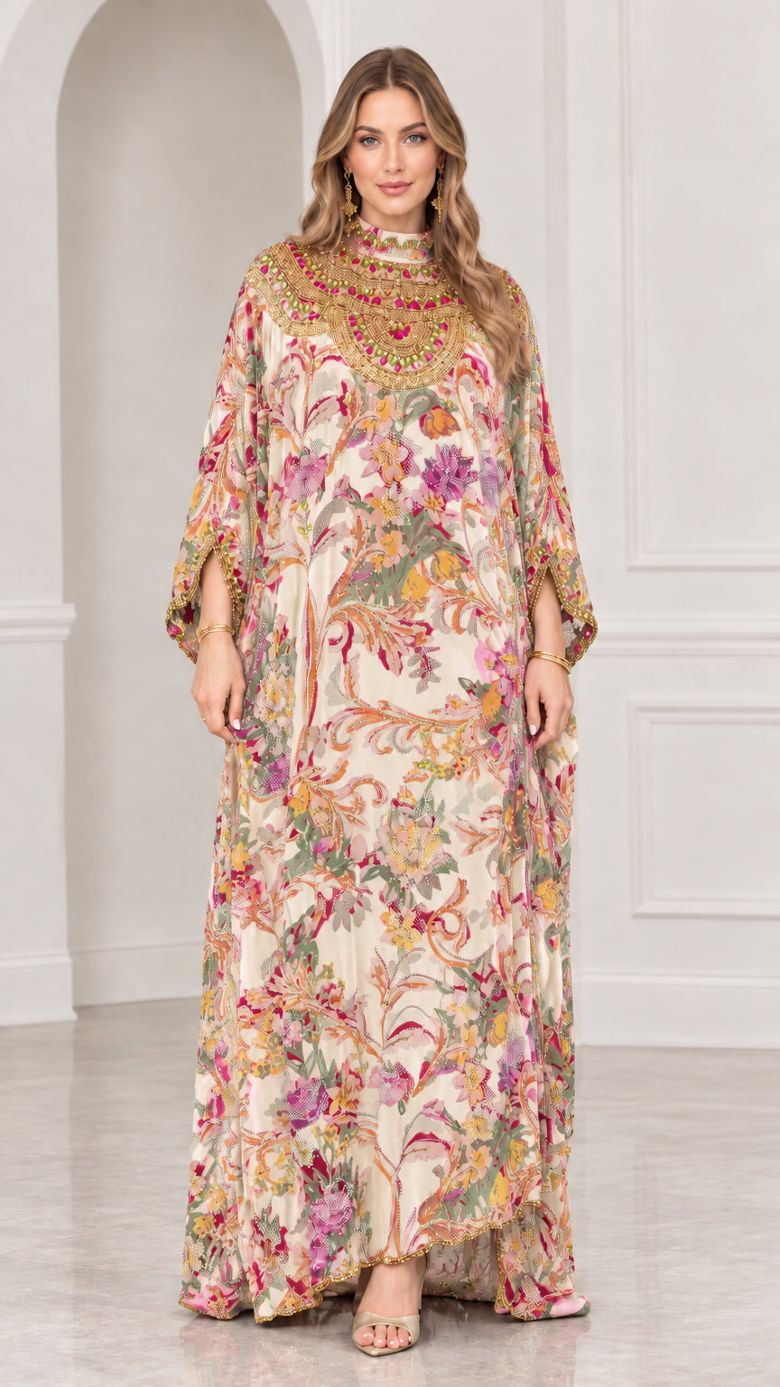 Model wearing Cream floral print embellished kaftan maxi dress