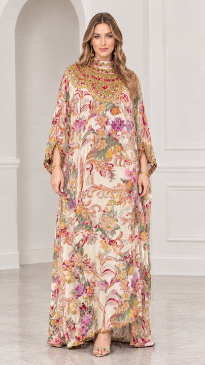 Model wearing Cream floral print embellished kaftan maxi dress