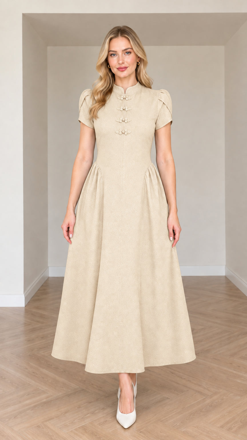 Front view of woman wearing Beige mandarin collar A-line midi dress