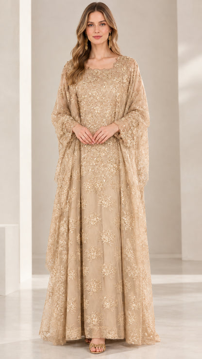 Front view of champagne gold sequin lace kaftan dress for formal events