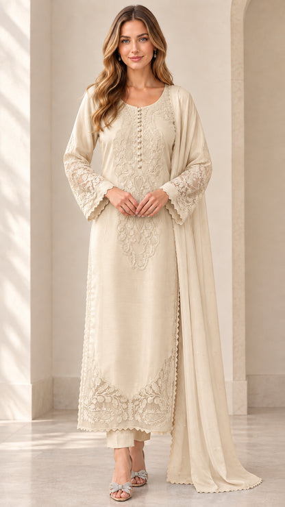 Model wearing cream beige embroidered 3-piece tunic set with scarf