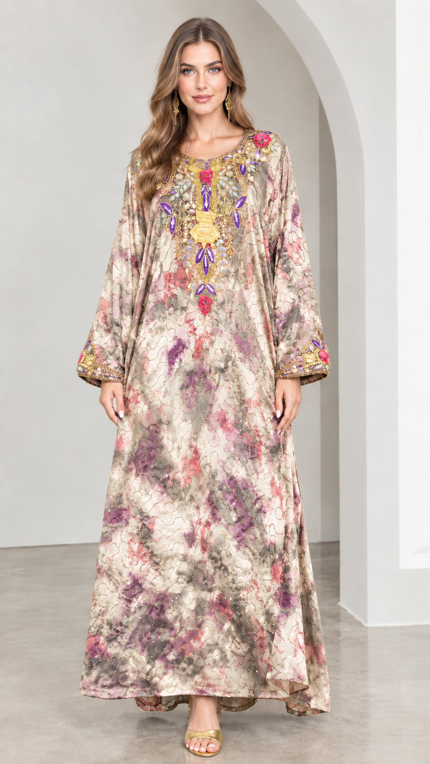 Champagne beige tie-dye embellished kaftan maxi dress