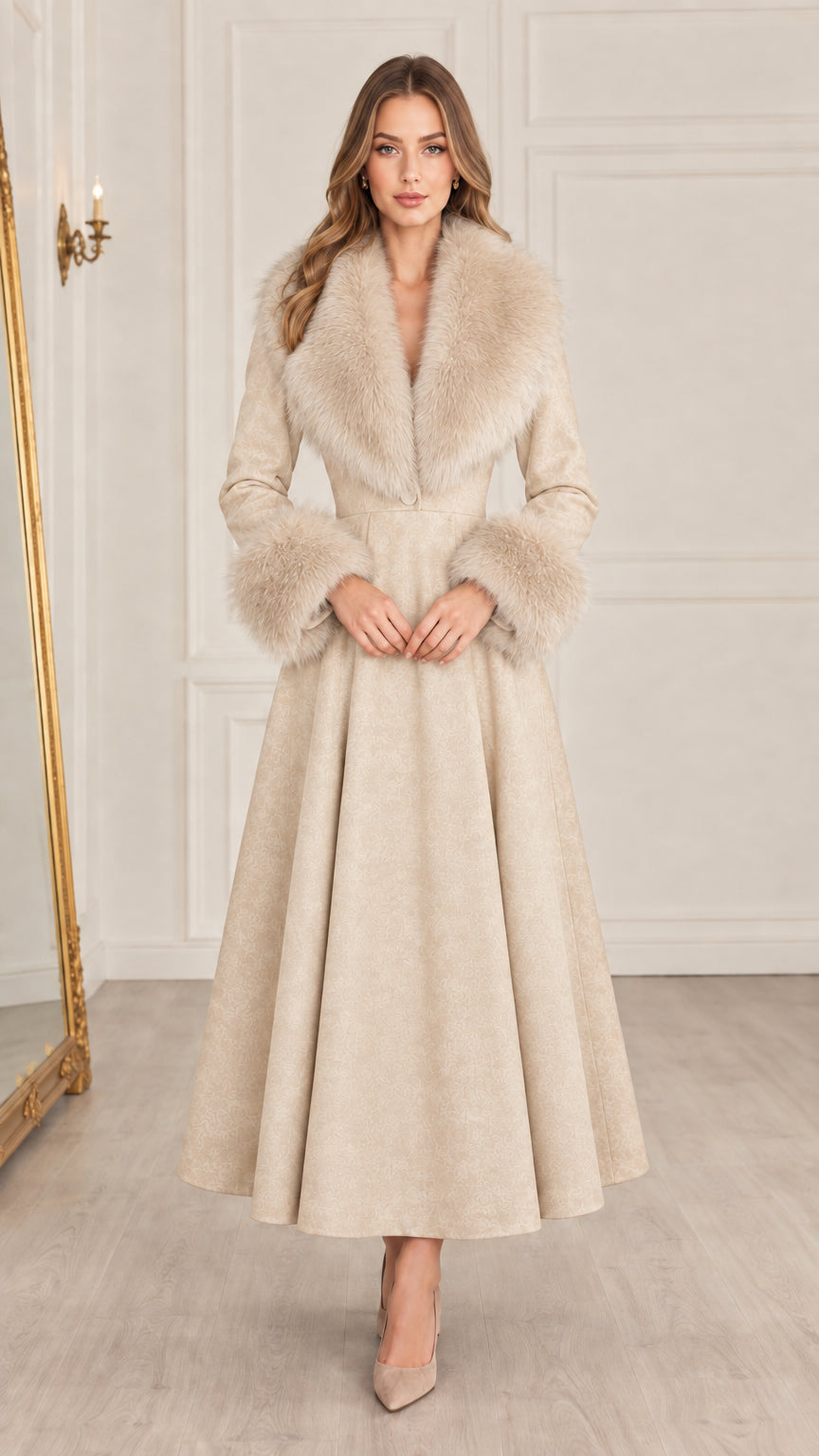 Front view of cream beige fit and flare maxi coat with matching faux fur collar
