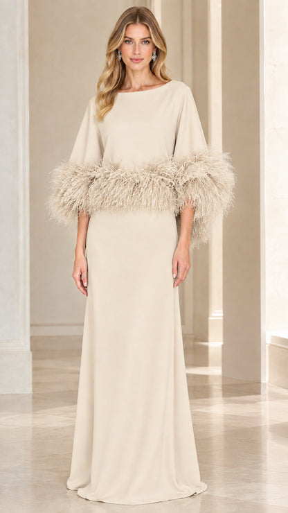 Front full-length view of champagne beige feather-trim cape sleeve evening gown