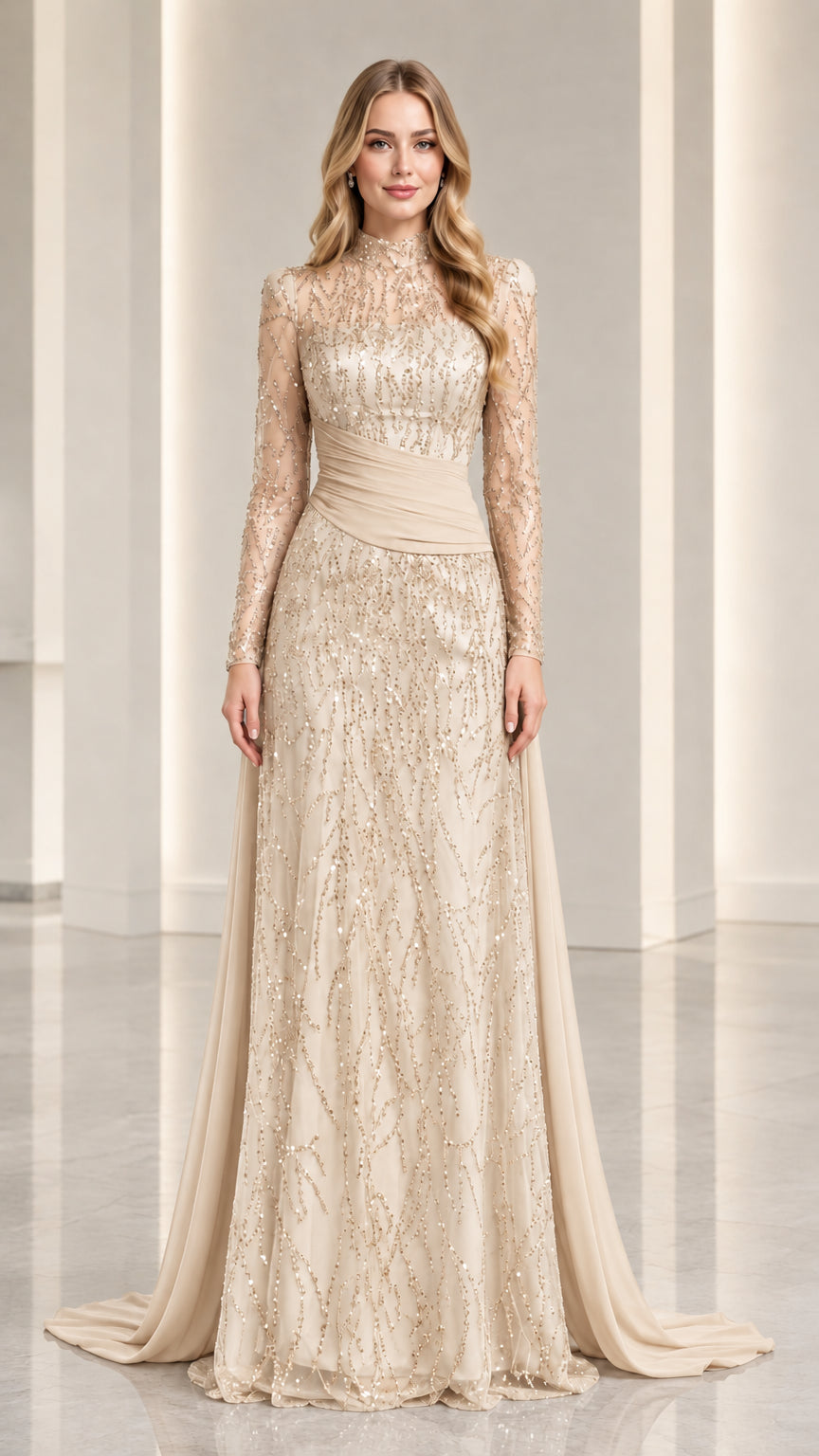 Champagne gold embellished evening gown with ruched waist and sheer sleeves
