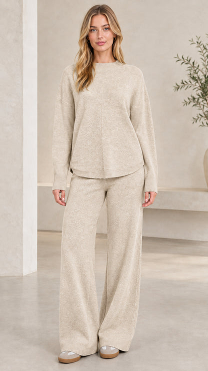 Women's beige oatmeal two-piece soft knit lounge outfit