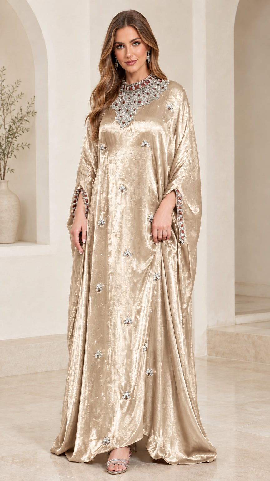 Champagne gold shimmer embellished kaftan dress full length view