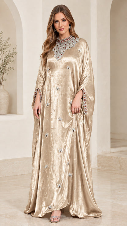 Champagne gold shimmer embellished kaftan dress full length view