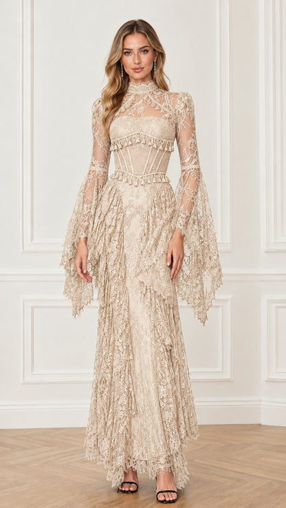 Front full-length view of the champagne beige lace corset maxi dress