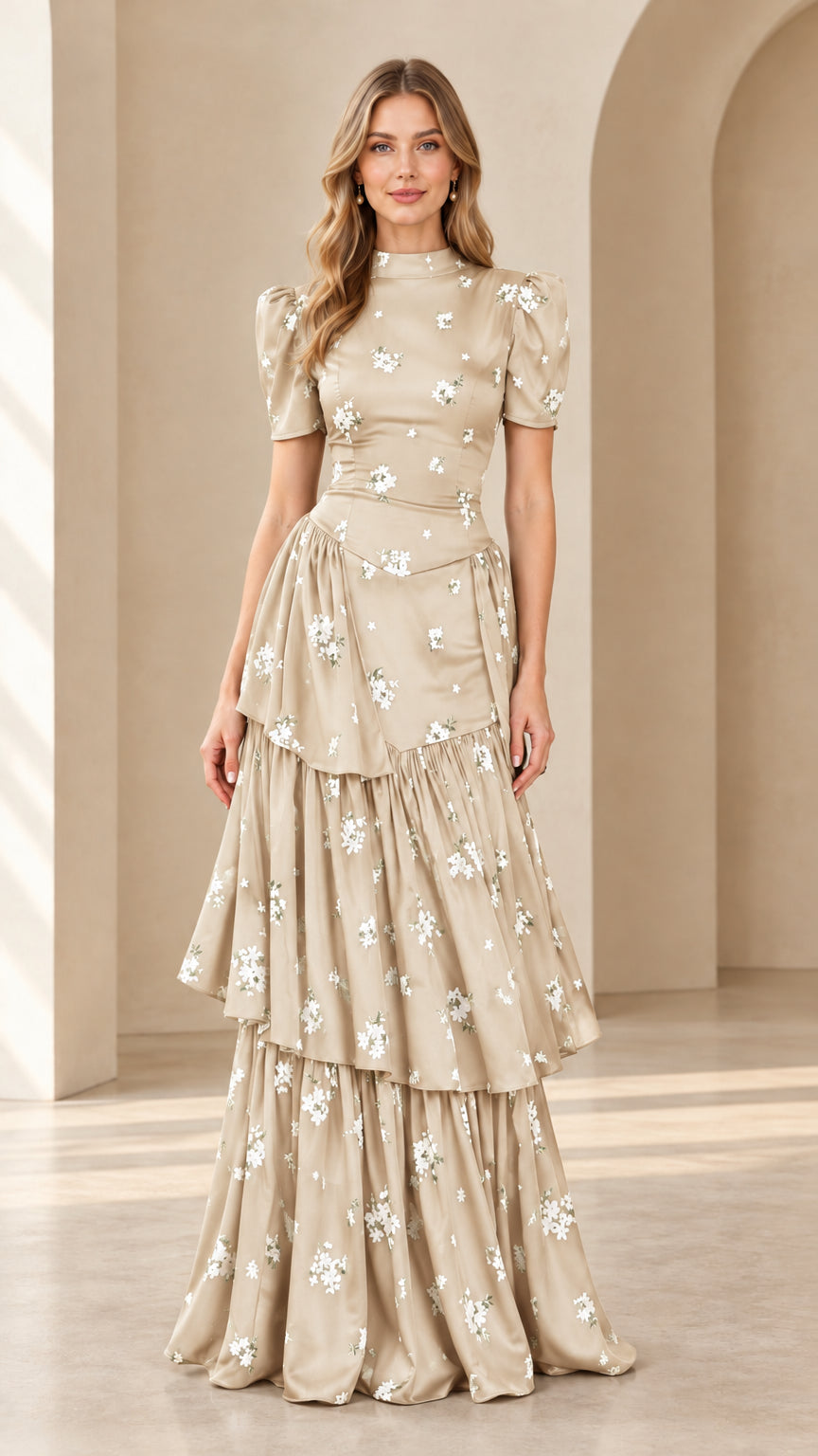Model wearing champagne beige floral print puff sleeve tiered maxi dress