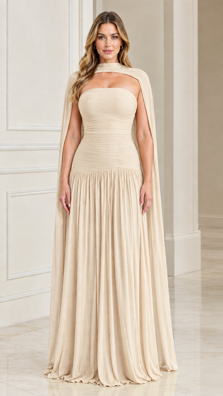 Champagne neutral ruched maxi evening dress with long draped shoulder cape