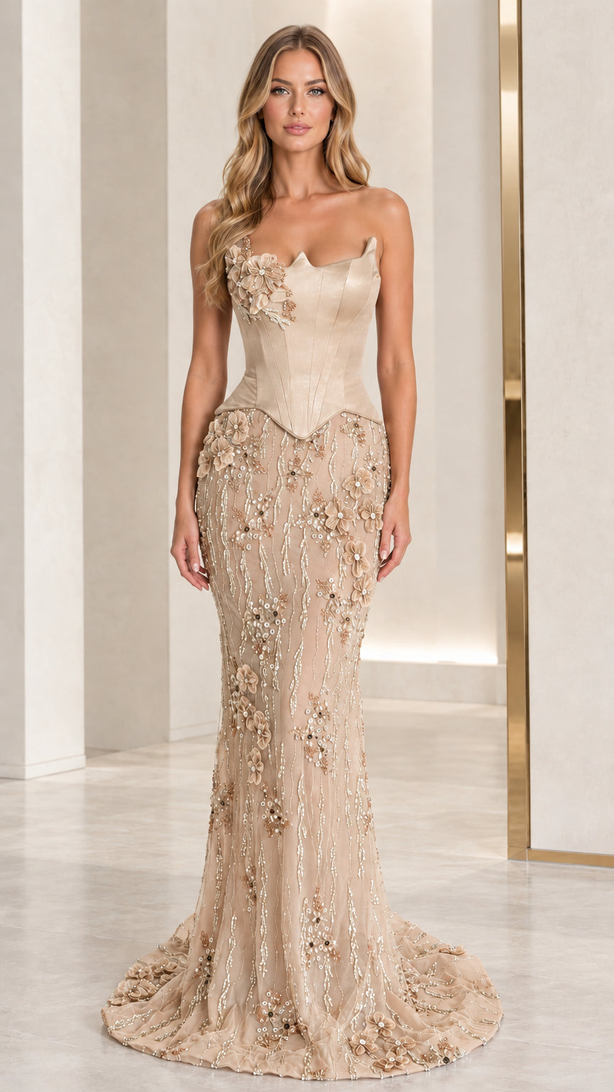 Full-length view of champagne monochrome strapless corset formal gown
