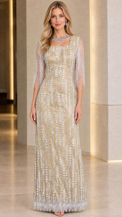 Front view of champagne gold embellished maxi formal gown with fringe sleeves