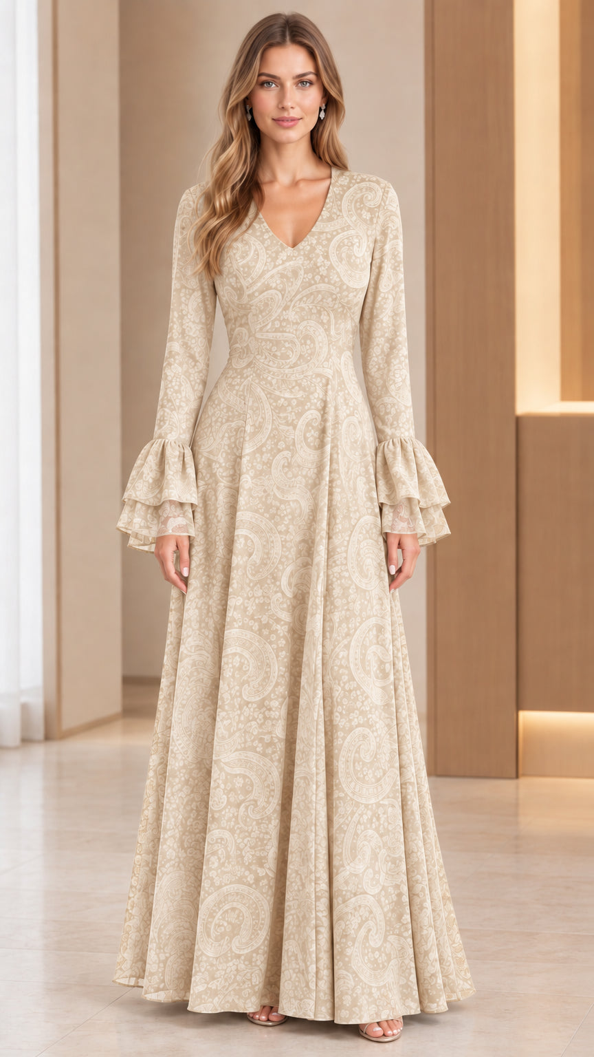 Front full-length view of champagne beige jacquard evening maxi dress