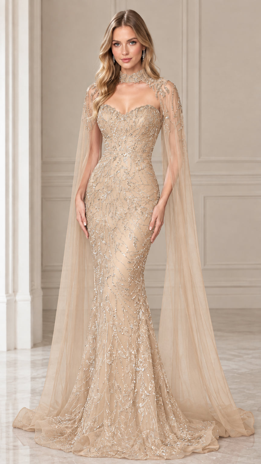 Champagne gold embellished mermaid gown with dramatic tulle cape
