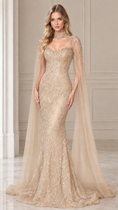 Champagne gold embellished mermaid gown with dramatic tulle cape
