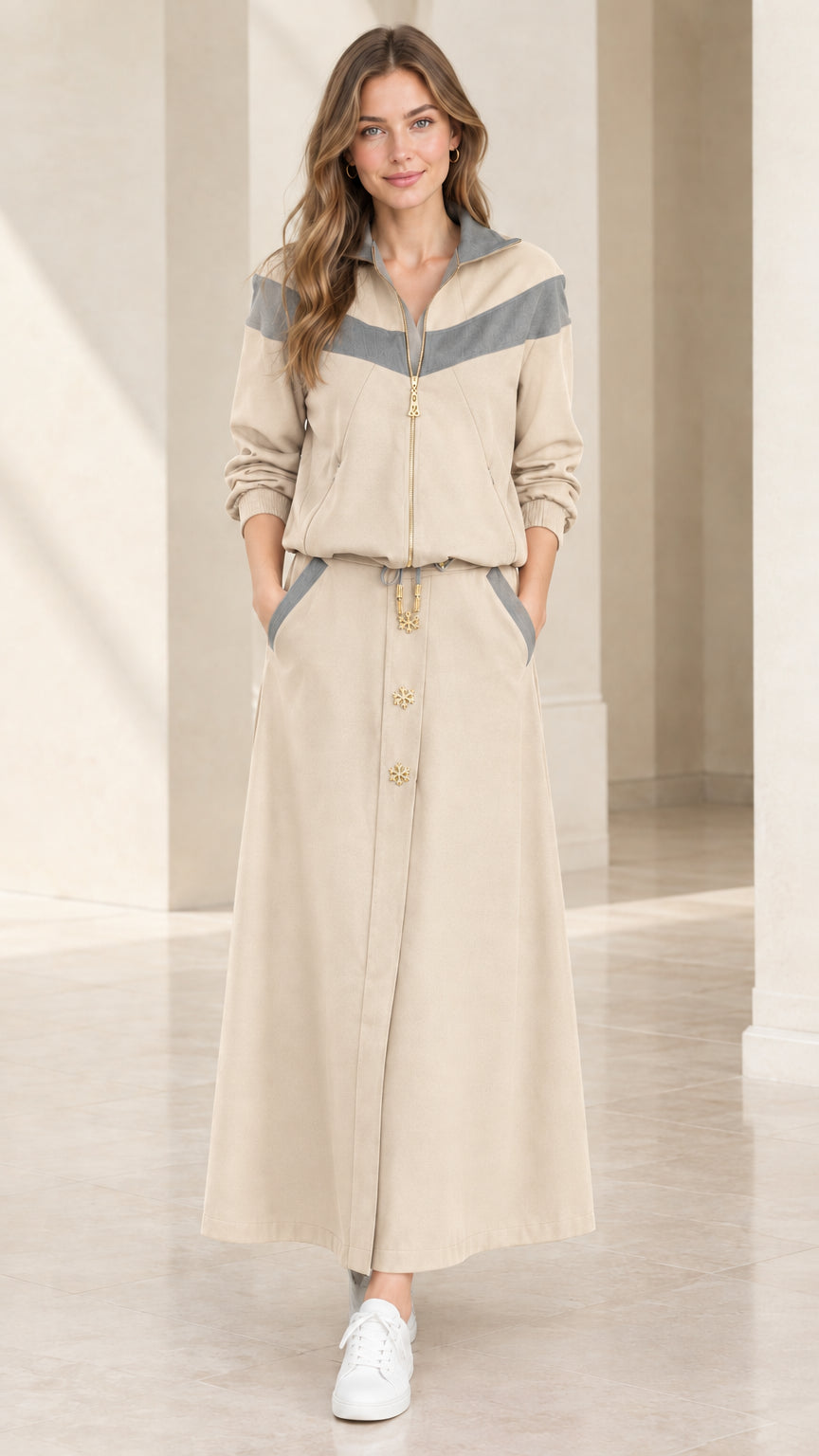 Full front view of beige chevron colorblock two-piece maxi set