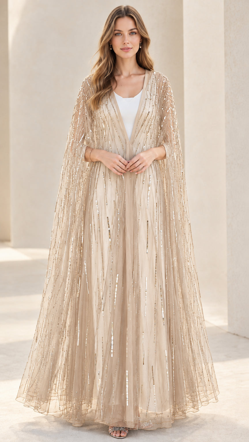Champagne gold sheer sequined floor-length formal cape