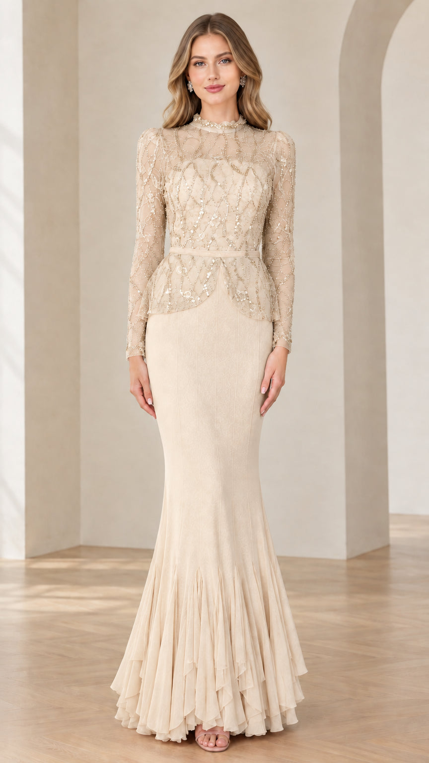 Front full-length view of champagne beige beaded long sleeve formal evening gown