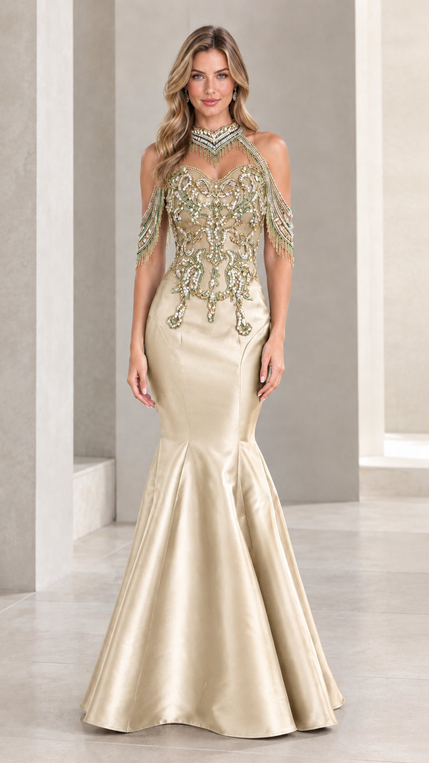 Champagne gold embellished halter mermaid gown with shoulder fringe