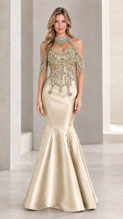 Champagne gold embellished halter mermaid gown with shoulder fringe