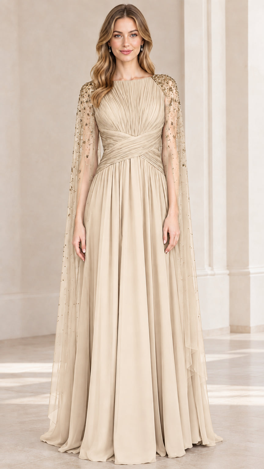 Champagne light gold pleated formal evening gown with cape sleeves