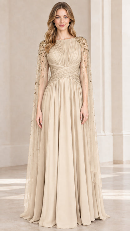 Champagne light gold pleated formal evening gown with cape sleeves