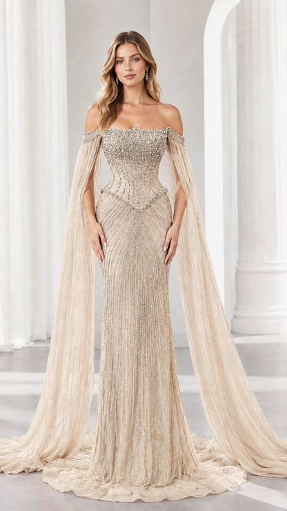 Champagne gold embellished evening gown with dramatic sweeping cape sleeves