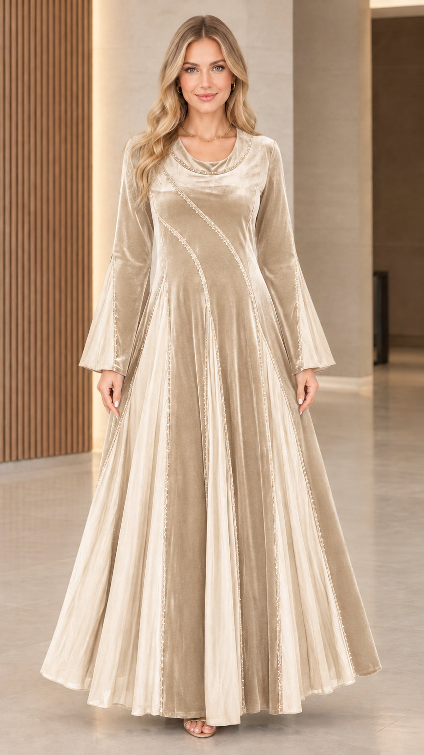 Champagne gold velvet cowl neck maxi dress with flared bell sleeves