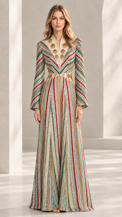 Model wearing Champagne Gold embellished striped kaftan maxi dress