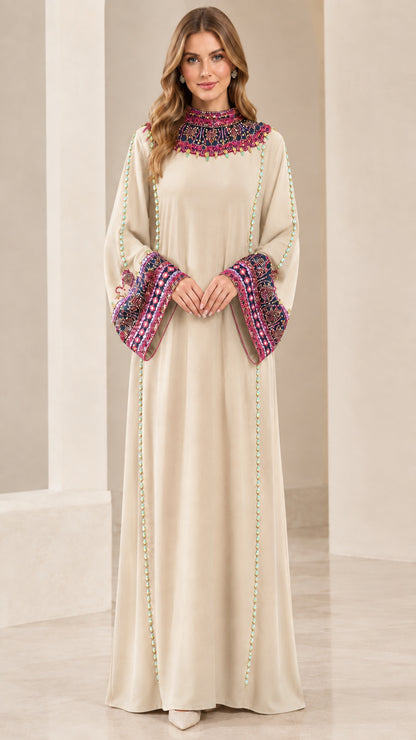 Front view of model wearing Champagne embellished kaftan maxi dress