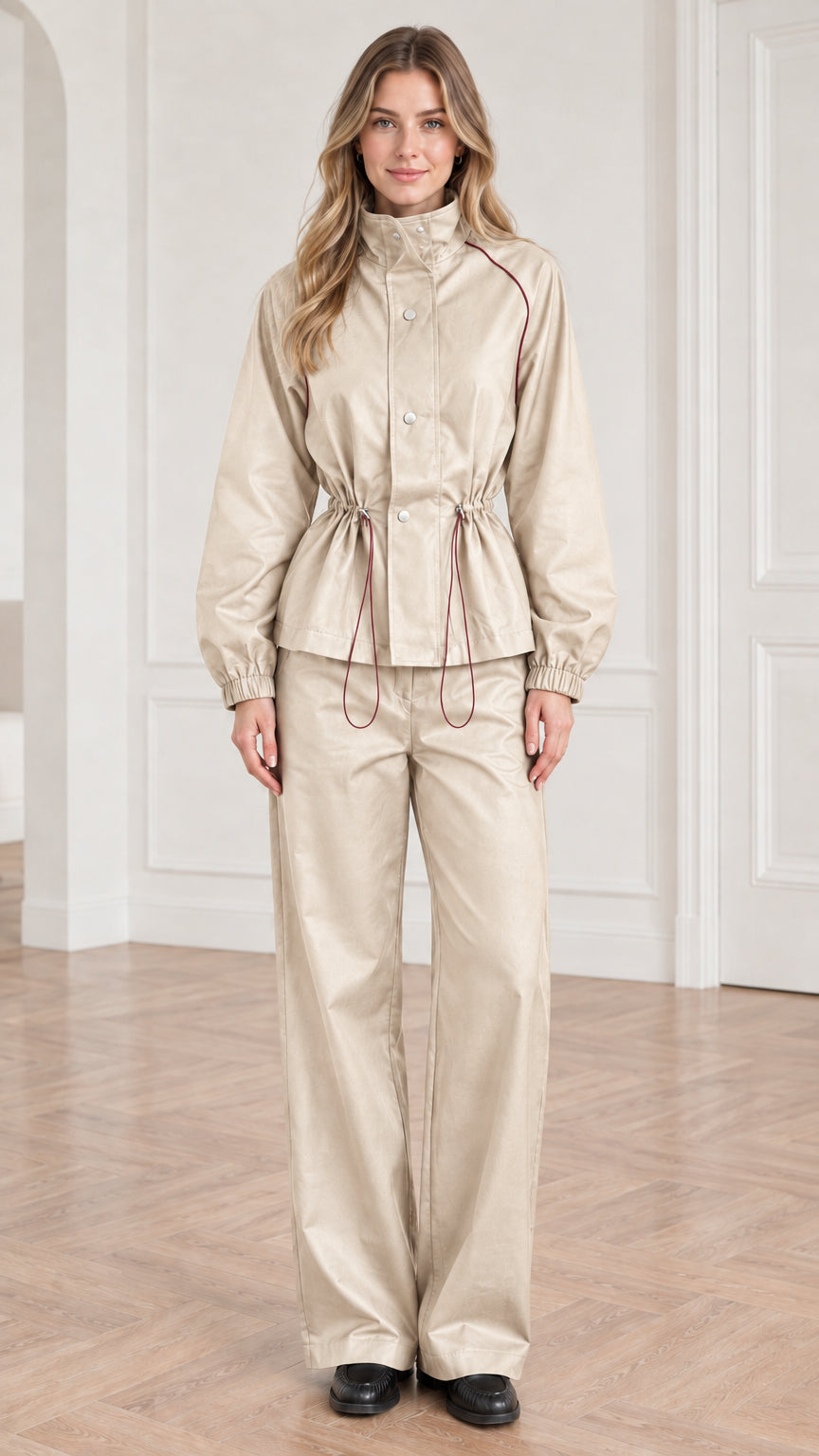 Front view of woman wearing beige cream cinched waist utility jacket and wide-leg pants