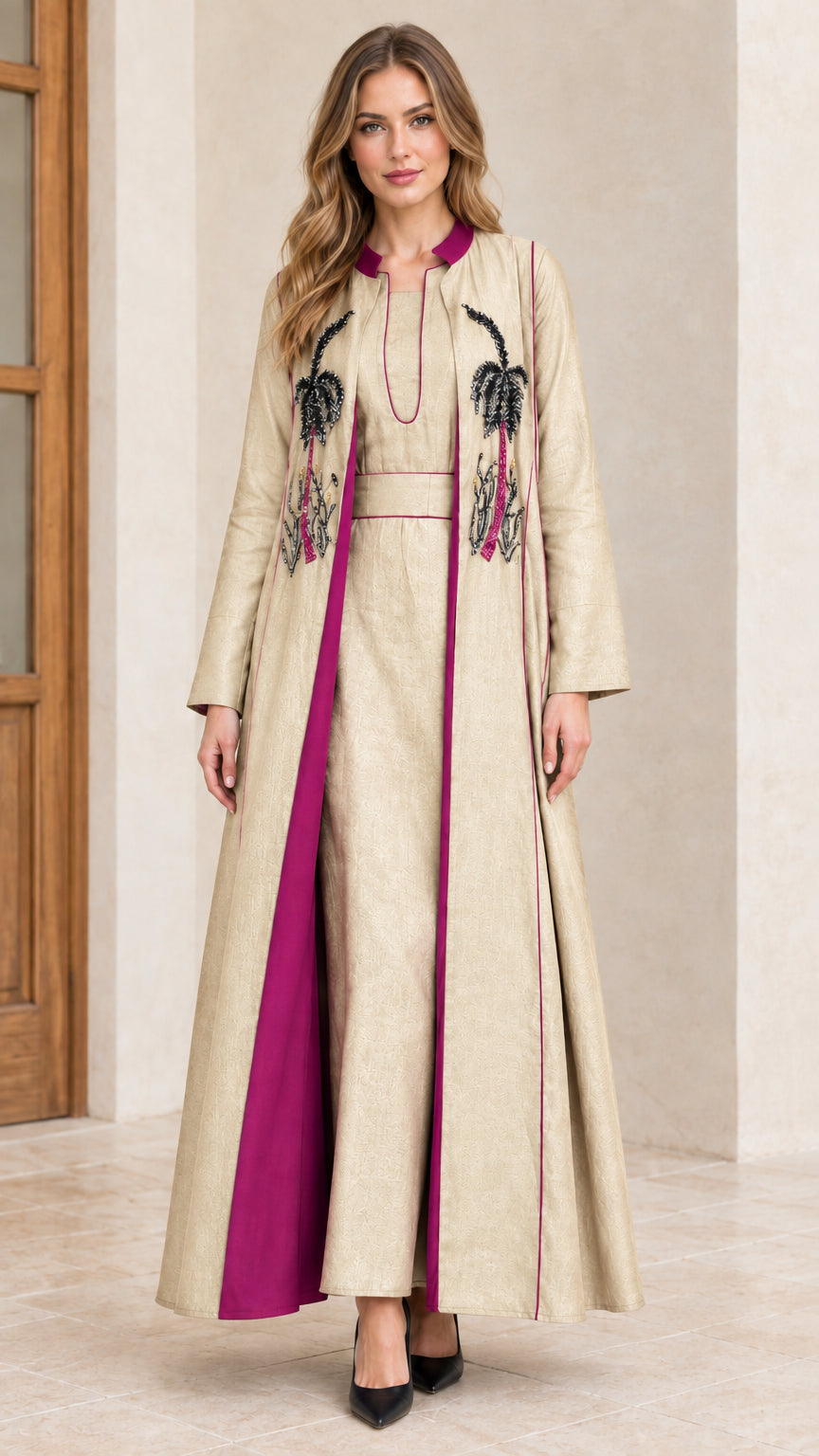 Beige champagne embroidered two-piece abaya maxi dress set with magenta contrast lining