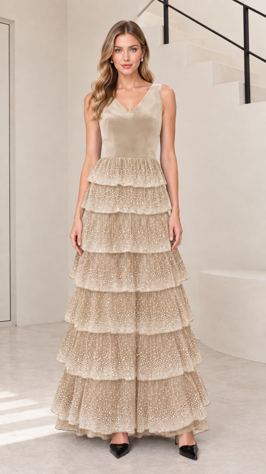 Champagne gold velvet V-neck tiered formal maxi dress