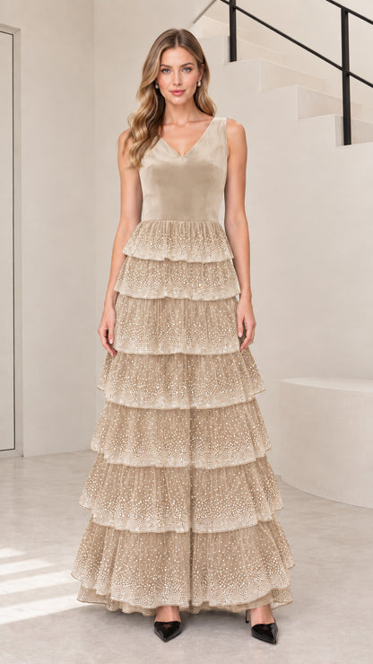 Champagne gold velvet V-neck tiered formal maxi dress