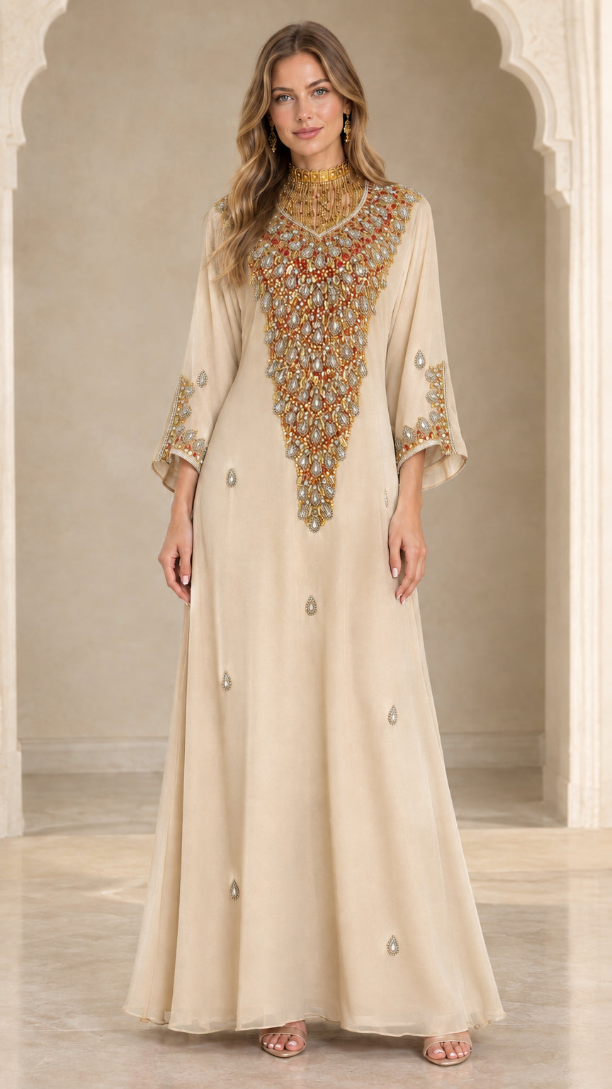 Front full view of champagne beige beaded formal kaftan dress