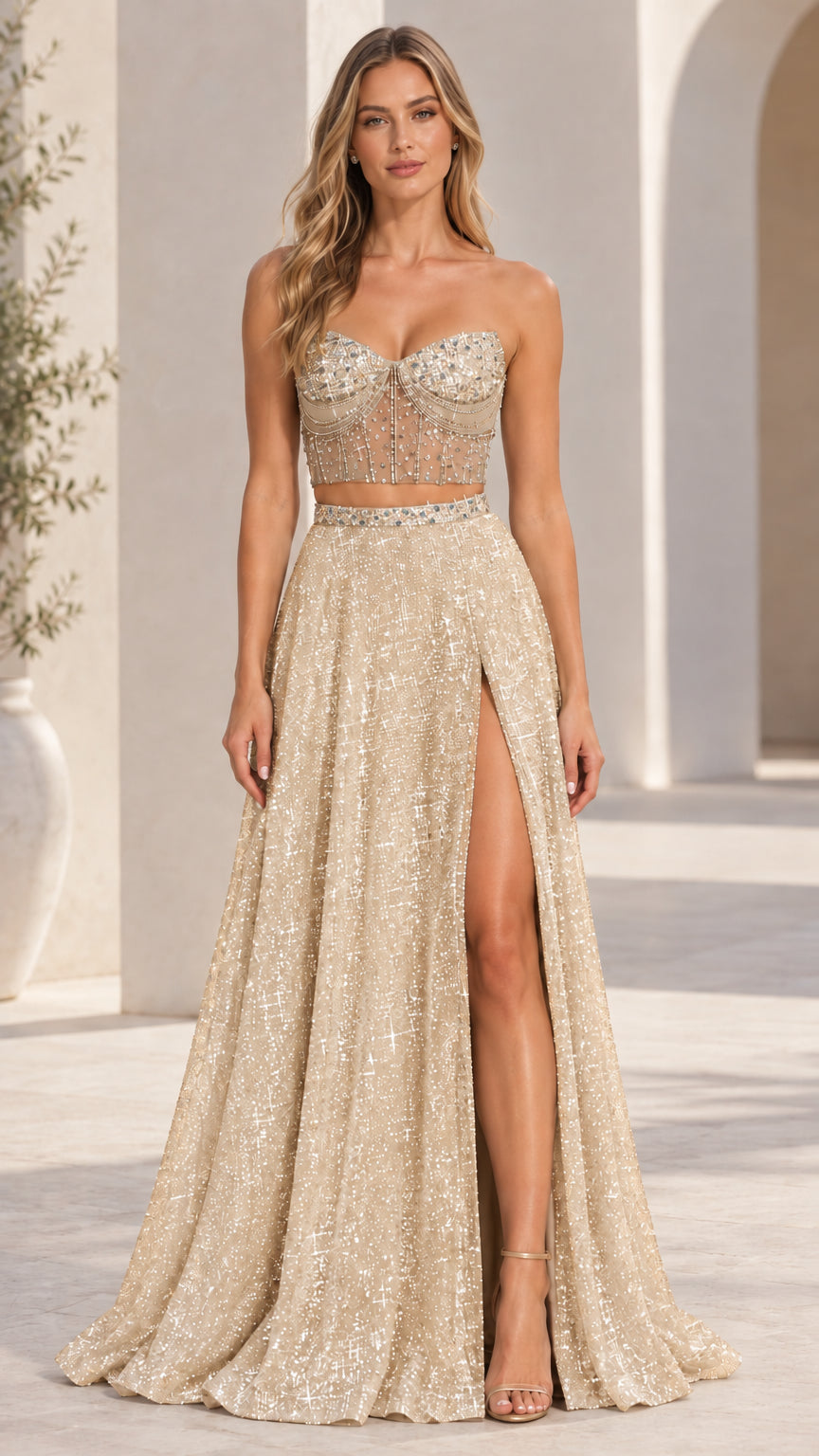 Model wearing champagne gold two-piece embellished sweetheart formal evening dress