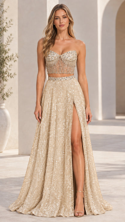 Model wearing champagne gold two-piece embellished sweetheart formal evening dress