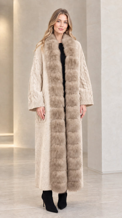 Front view of beige cream faux fur trim maxi cable knit cardigan coat