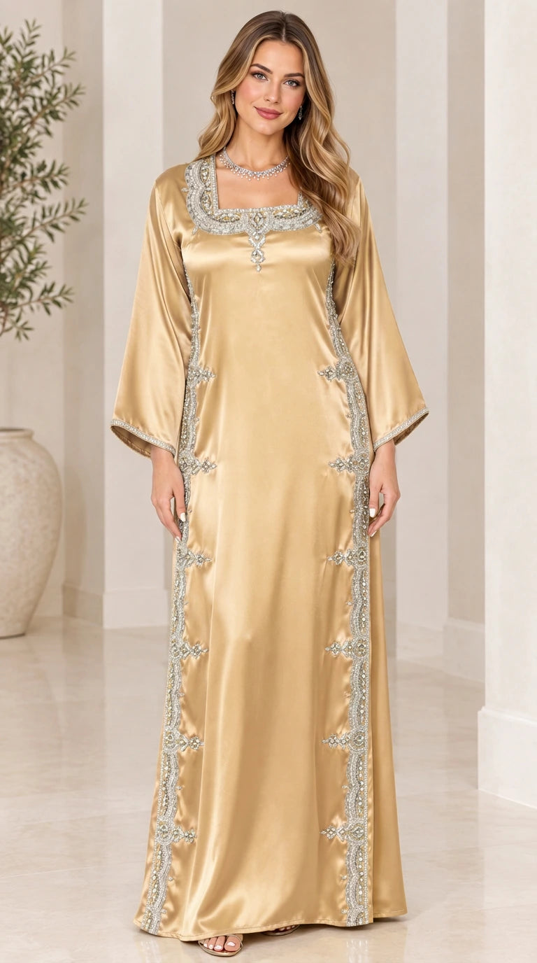 Champagne gold satin maxi kaftan dress with embellished flare sleeves