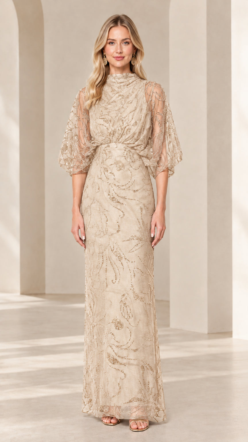 Champagne gold high-neck beaded mesh maxi gown on model