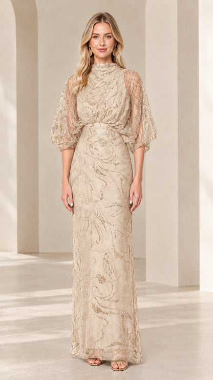 Champagne gold high-neck beaded mesh maxi gown on model