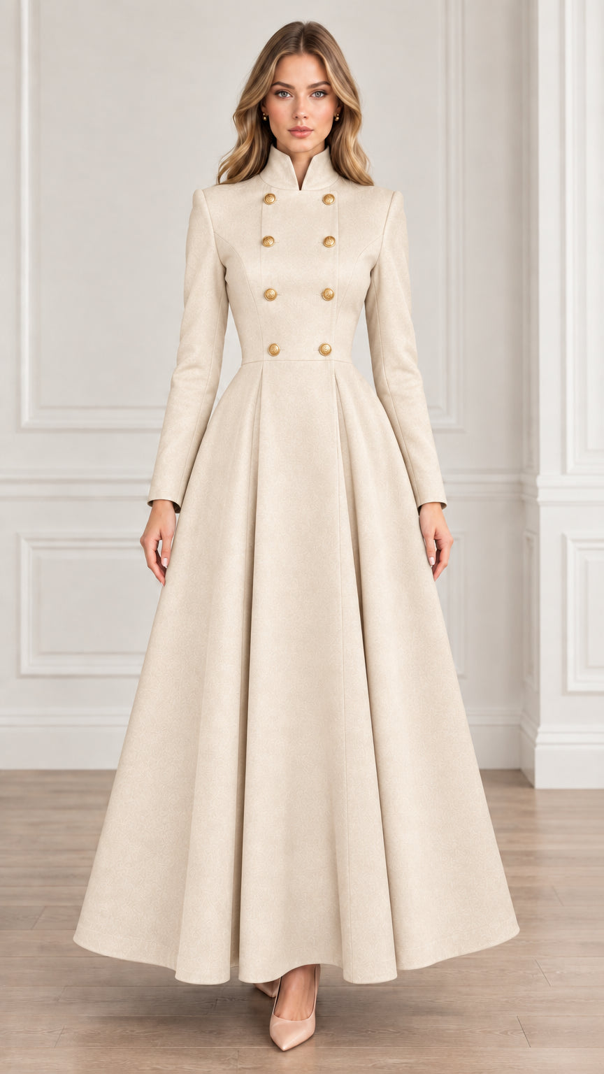 Front view of cream off-white double-breasted high neck flared maxi coat