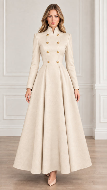 Front view of cream off-white double-breasted high neck flared maxi coat