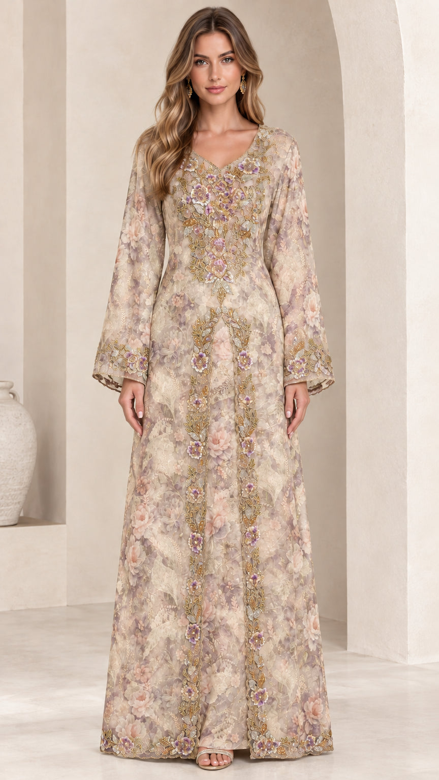 Front view of champagne beige floral embroidered bell sleeve maxi dress