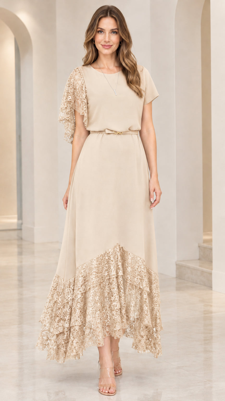 Champagne beige lace patchwork belted maxi dress full length front view