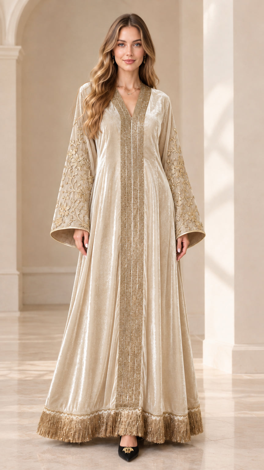 Front view of champagne beige velvet embroidered kaftan dress