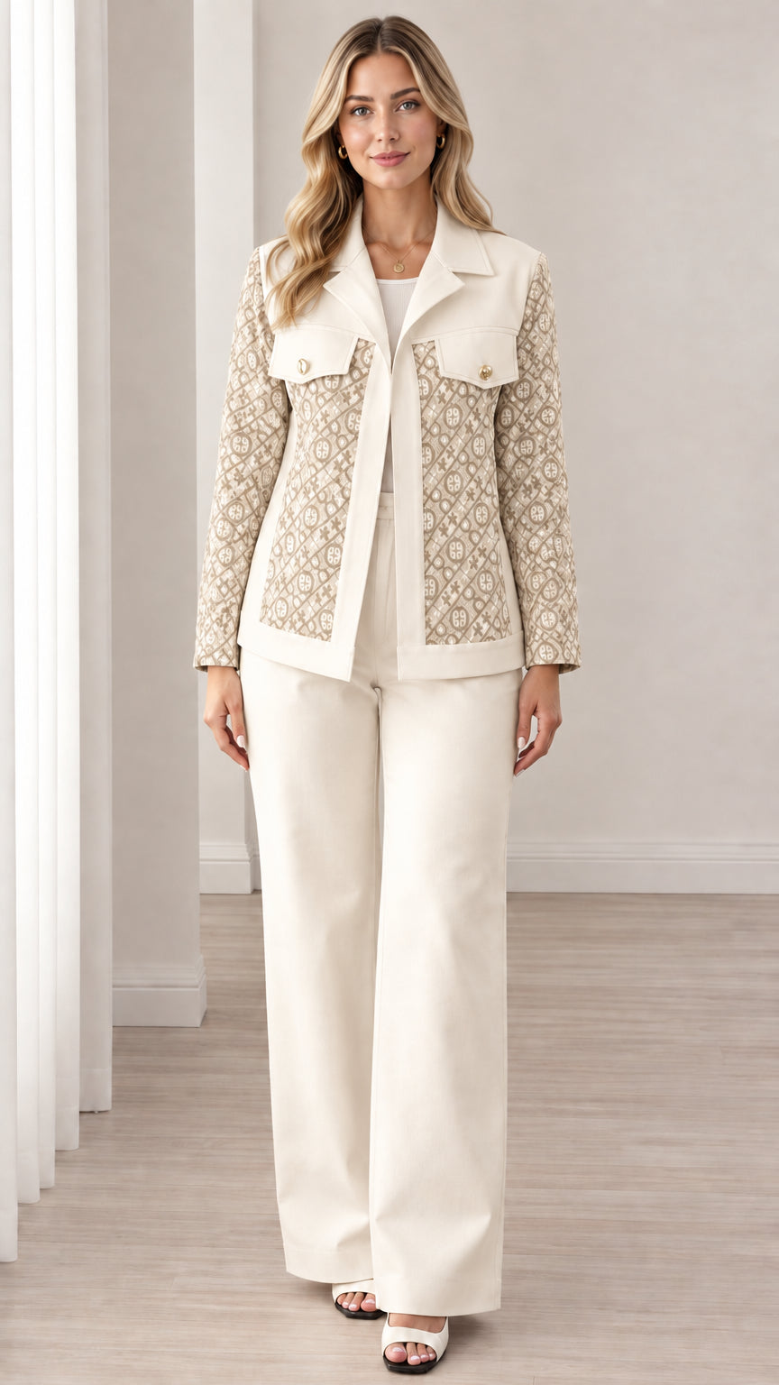 Model wearing Beige cream jacquard panel two-piece pant suit set