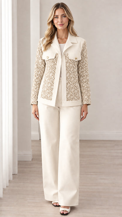 Model wearing Beige cream jacquard panel two-piece pant suit set