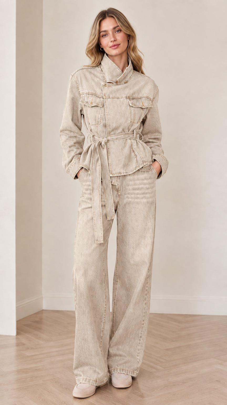 Front view of woman wearing Beige ecru denim belted jacket and wide-leg pants set